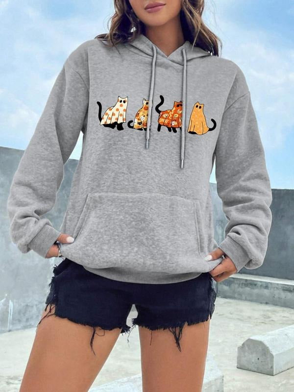 Women's Cartoon Halloween Cat Print Drop Shoulder Drawstring Hoodie, Fashion Casual Pocket Hooded Sweatshirt for Daily...