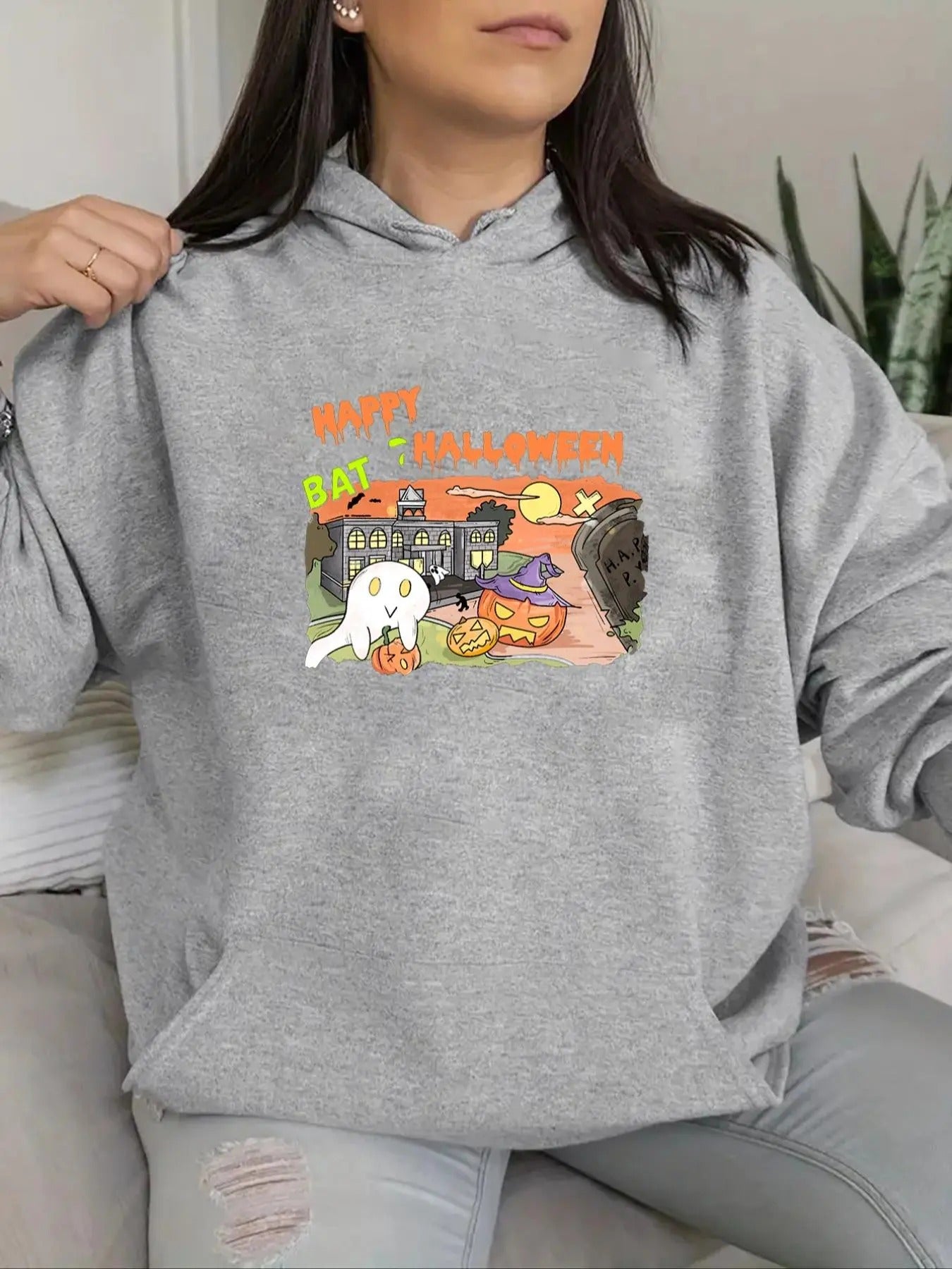 Women's Cartoon Halloween Graphic Drop Shoulder Hoodie, Fashion Casual Drawstring Pocket Hooded Sweatshirt for Daily...