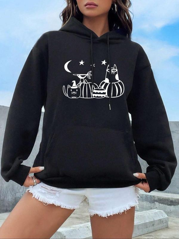 Women's Cartoon Halloween Print Drop Shoulder Drawstring Hoodie, Fashion Casual Kangaroo Pocket Hooded Sweatshirt for...
