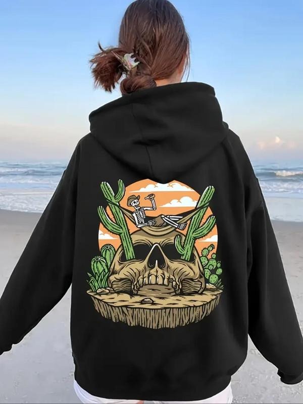 Women's Cartoon Halloween Print Drop Shoulder Hoodie, Fashion Casual Drawstring Pocket Hooded Sweatshirt for Daily...