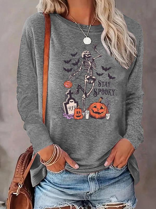 Women's Cartoon Halloween Print Round Neck T-shirt, Fashion Casual Long Sleeve Tee, Women's Top for Daily Wear Hoodie,...
