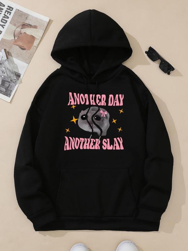 Women's Cartoon Hamster Print Drop Shoulder Hoodie, Fashion Casual Letter Print Drawstring Pocket Hooded Sweatshirt for...