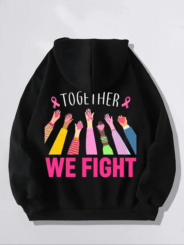 Women's Cartoon Hand & Letter Print Drop Shoulder Hoodie, Fashion Casual Drawstring Pocket Hooded Sweatshirt for Daily...