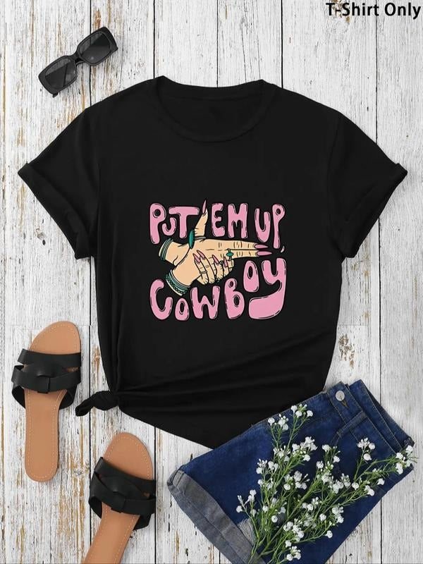 Women's Cartoon Hand & Letter Print Round Neck Tee, Casual Short Sleeve Graphic T-shirt, Ladies All Seasons Outfit for...