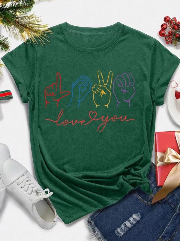 Women's Cartoon Hand & Letter Print Round Neck Tee, Fashion Casual Crew Neck T-Shirt for Daily Holiday Vacation Outdoor...