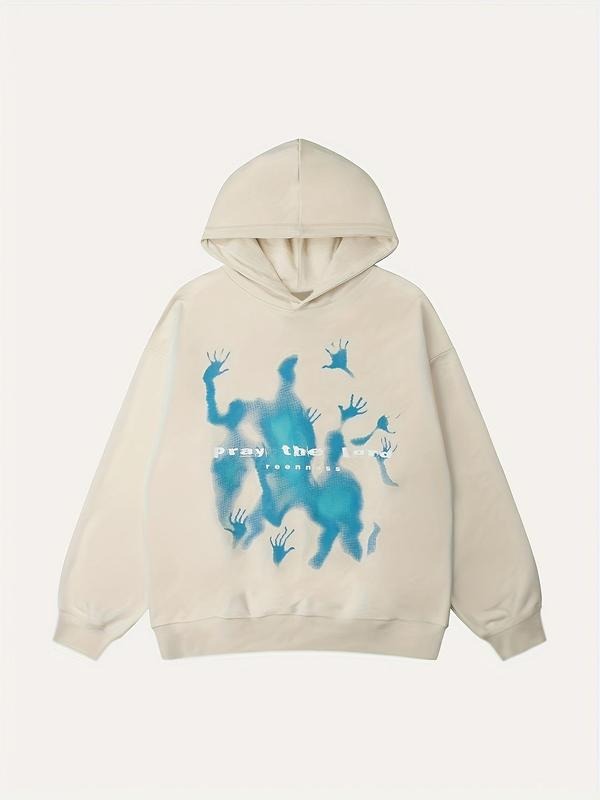 Women's Cartoon Hand Print Drop Shoulder Hoodie, Fashion Casual Letter Print Hooded Sweatshirt for Daily Holiday Outdoor...