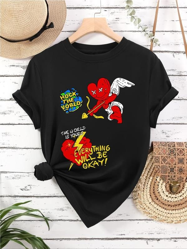 Women's Cartoon Heart & Letter Print Round Neck Tee, Casual Short Sleeve Crew Neck T-Shirt for Daily Wear, Ladies Clothes...