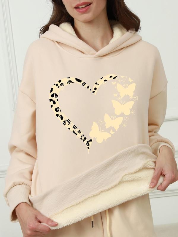 Women's Cartoon Heart Butterfly Print Drop Shoulder Hoodie, Fashion Casual Heart Printed Long Sleeve Hooded Sweatshirt...