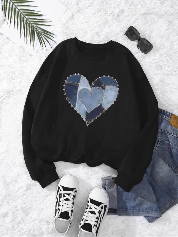 Women's Cartoon Heart Print Crew Neck Sweatshirt, Casual Long Sleeve Pullover, Women's Fall & Winter Clothes for Daily...