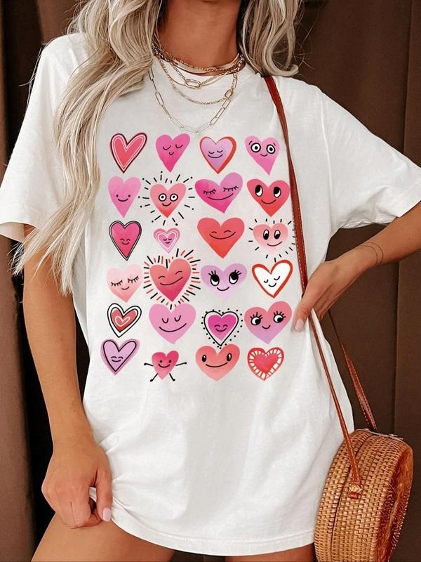 Women's Cartoon Heart Print Round Neck Tee, Cute Short Sleeve Crew Neck T-shirt for Summer, Fashion Casual Women's Top...