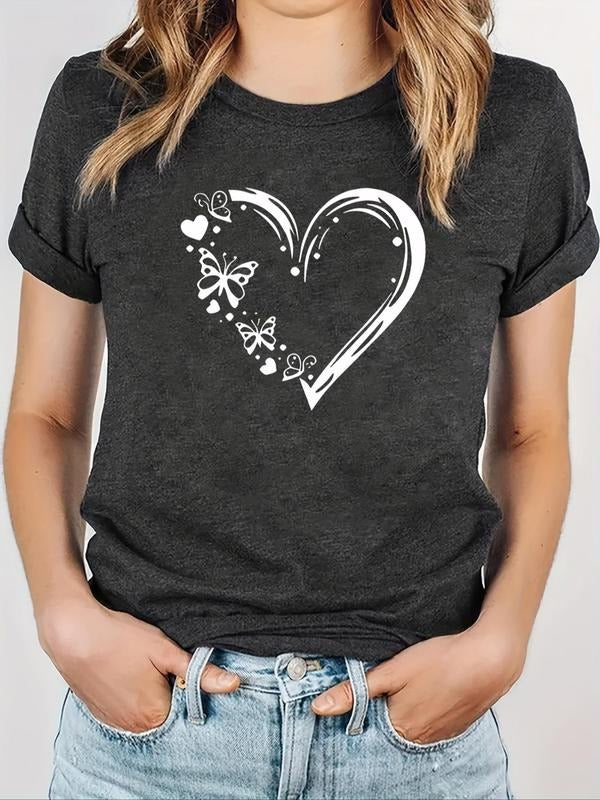 Women's Cartoon Heart Print Round Neck Tee, Fashion Casual Crew Neck T-Shirt for Daily Holiday Vacation Outdoor Wear,...