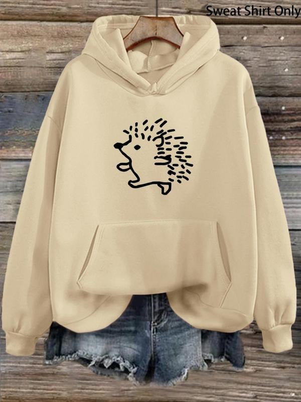 Women's Cartoon Hedgehog Print Drop Shoulder Hoodie, Fashion Casual Drawstring Pocket Hooded Sweatshirt for Daily Holiday...