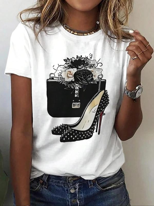 Women's Cartoon High Heel & Handbag Print Round Neck Tee, Fashion Casual Crew Neck T-Shirt for Daily Holiday Vacation...