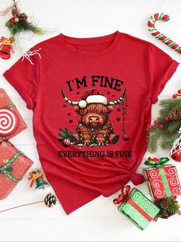 Women's Cartoon Highland Cow & Letter Print Christmas Round Neck Short Sleeve T-Shirt, Casual Fitted Summer Top, Soft...