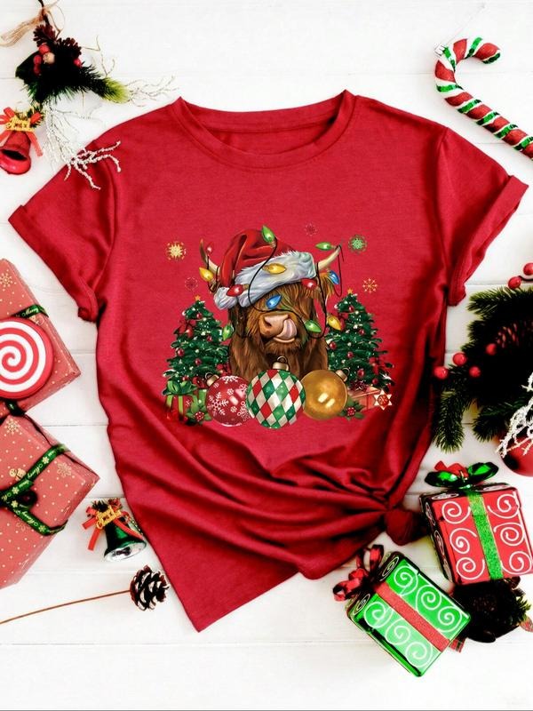 Women's Cartoon Highland Cow Print Christmas Round Neck Short Sleeve T-Shirt, Casual Fitted Soft Breathable Fabric,...