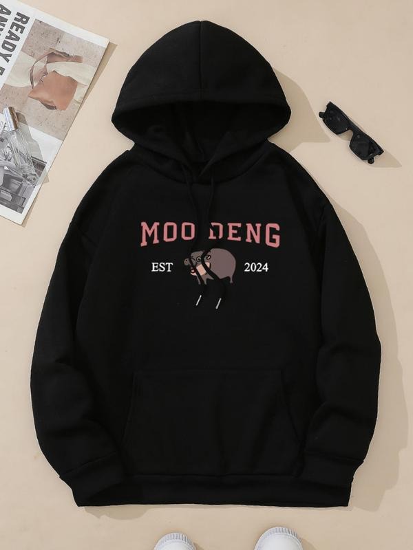 Women's Cartoon Hippo & Letter Print Drop Shoulder Hoodie, Fashion Casual Drawstring Pocket Hooded Sweatshirt for Daily...