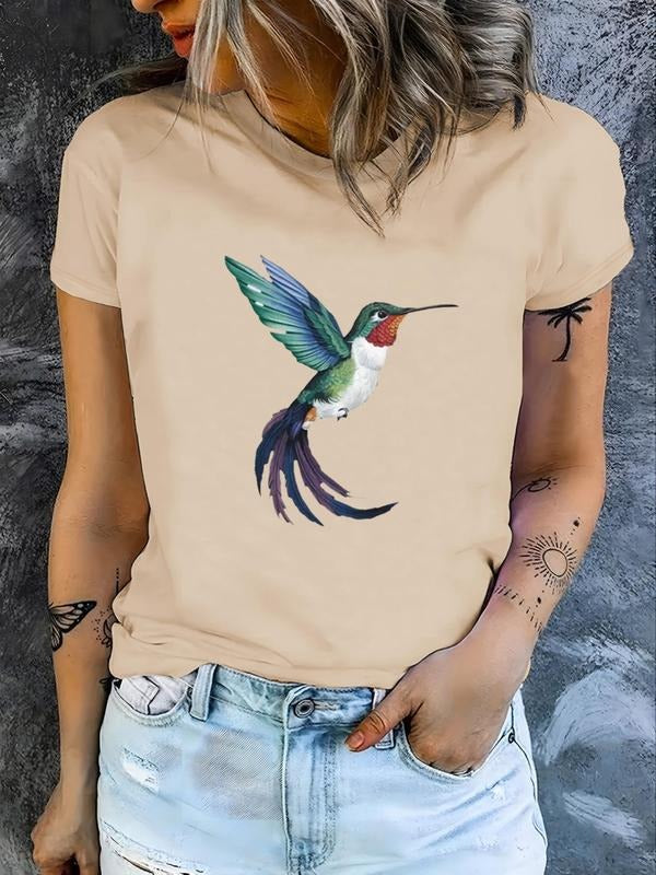 Women's Cartoon Hummingbird Print Round Neck Tee, Fashion Casual Crew Neck T-Shirt for Daily Holiday Vacation Outdoor...