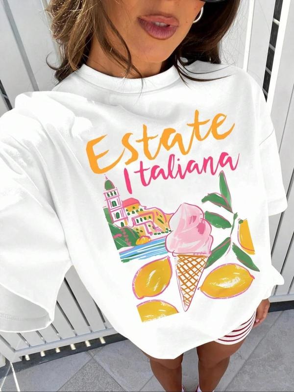 Women's Cartoon Ice Cream & Letter Print Round Neck Tee, Fashion Casual Crew Neck T-Shirt for Daily Holiday Vacation...