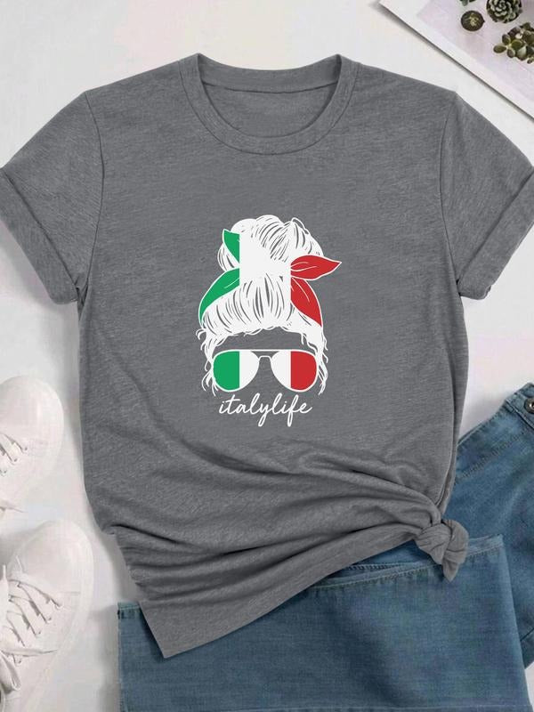 Cartoon Italy Girl Print Round Neck Casual Letter Short Sleeve Daily Clothes All Seasons Top T-Shirts, Hoodie, Sweatshirt