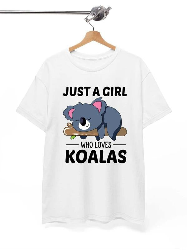 Women's Cartoon Koala & Letter Print Short Sleeve Tee, Casual Round Neck T-shirt for Summer, Fashion Women's Top for...