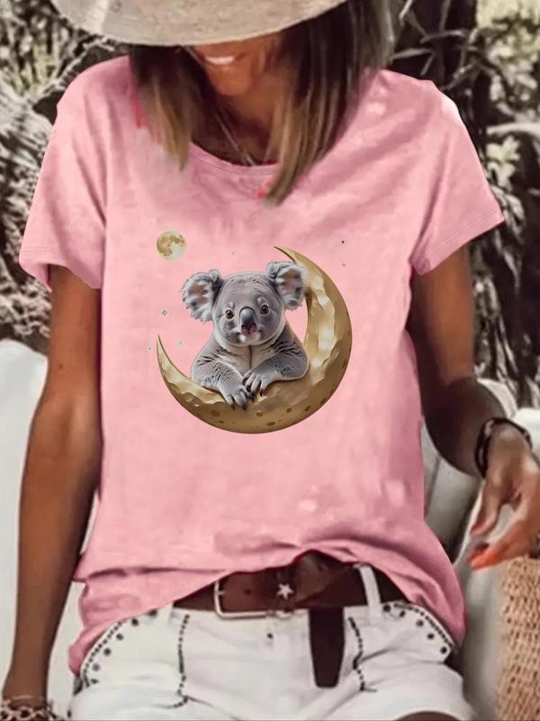 Women's Cartoon Koala & Moon Print Round Neck Tee, Cute Short Sleeve Crew Neck T-shirt for Summer, Fashion Casual Women's...