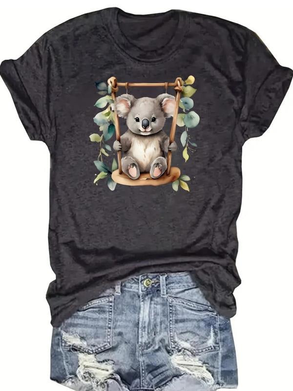 Women's Cartoon Koala Bear Print Round Neck Tee, Fashion Casual Crew Neck T-Shirt for Daily Holiday Vacation Outdoor...