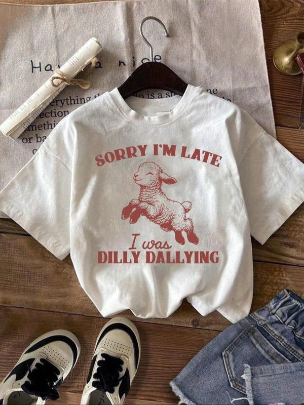 Women's Cartoon Lamb Print Round Neck Tee, Fashion Casual Crew Neck T-Shirt for Daily Holiday Vacation Outdoor Wear,...