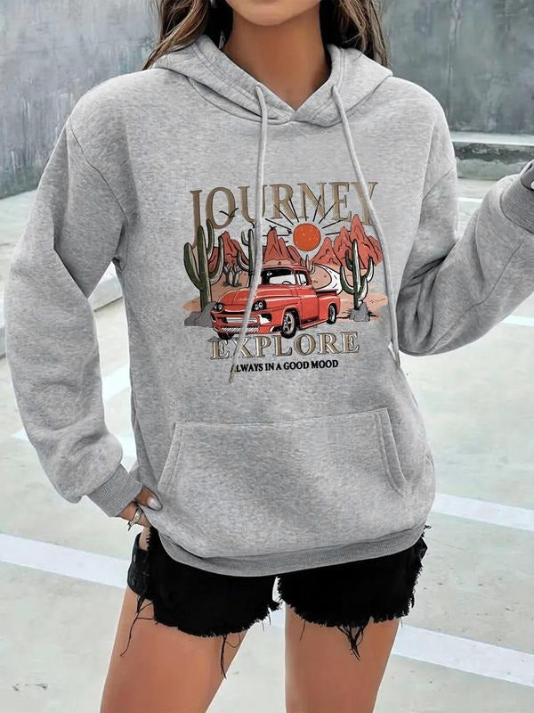 Women's Cartoon Landscape & Letter Print Drop Shoulder Hoodie, Trendy Drawstring Pocket Hooded Sweatshirt for Daily...