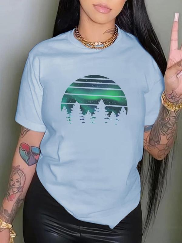 Women's Cartoon Landscape Print Round Neck Tee, Casual Short Sleeve T-shirt for Summer, Ladies Clothes for Daily Wear...