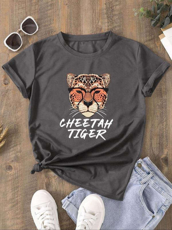 Women's Cartoon Leopard Graphic Print Round Neck Tee, Fashion Casual Short Sleeve T-shirt, Ladies Summer Clothes for...