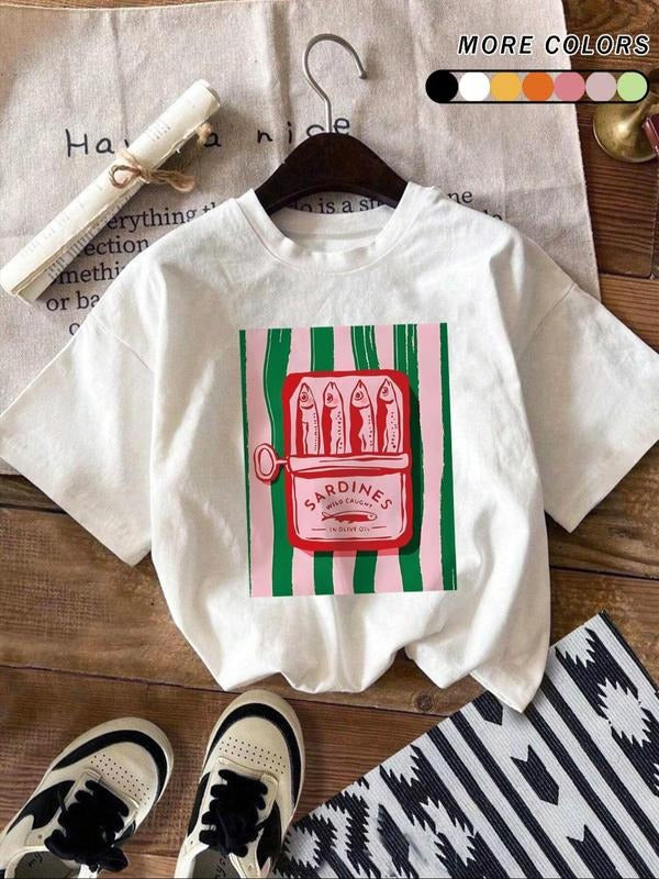 Women's Cartoon Letter & Fruit Print Round Neck Tee, Casual Short Sleeve T-shirt for Summer, Ladies Clothes for Daily...