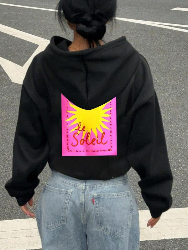 Women's Cartoon Letter Graphic Drop Shoulder Hoodie, Fashion Casual Drawstring Pocket Hooded Sweatshirt for Daily Holiday...