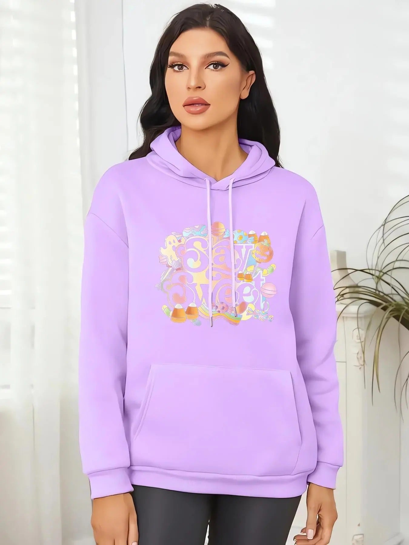 Women's Cartoon Letter Print Drop Shoulder Hoodie, Casual Long Sleeve Drawstring Pocket Hooded Sweatshirt for Spring &...