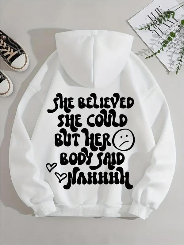 Women's Cartoon Letter Print Drop Shoulder Hoodie, Fashion Casual Drawstring Kangaroo Pocket Hooded Sweatshirt for Daily...