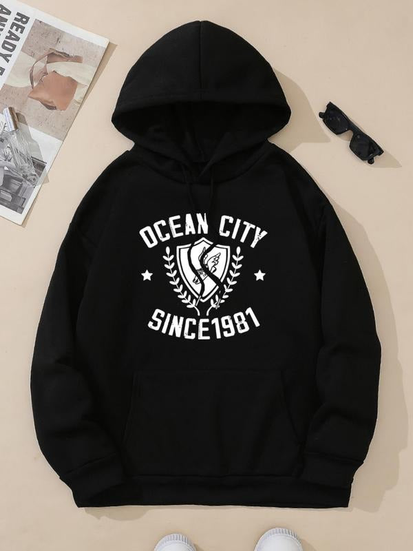Women's Cartoon Letter Print Drop Shoulder Hoodie, Fashion Casual Drawstring Pocket Hooded Sweatshirt for Daily Holiday...