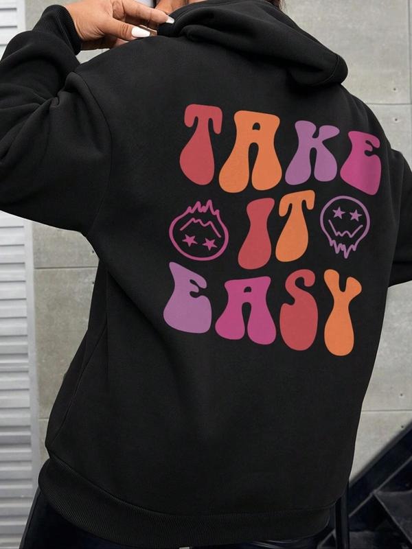 Women's Cartoon Letter Print Drop Shoulder Hoodie, Fashion Casual Drawstring Pocket Hooded Sweatshirt for Daily Holiday...