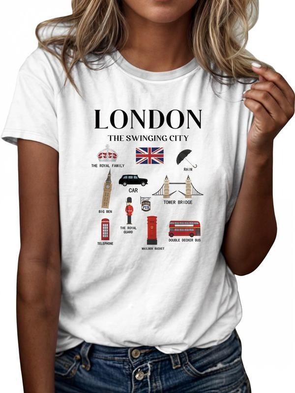 Women's Cartoon Letter Print Round Neck Tee, Casual Short Sleeve T-Shirt for Daily Wear, Ladies Clothes for All Seasons...