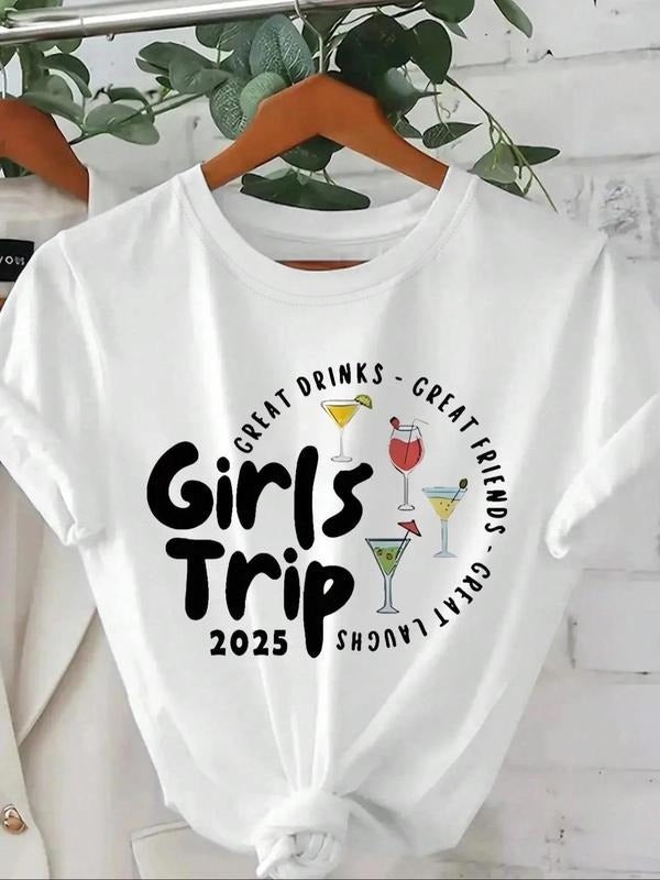 Women's Cartoon Letter Print Round Neck Tee, Fashion Casual Crew Neck T-Shirt for Daily Holiday Vacation Outdoor Wear,...
