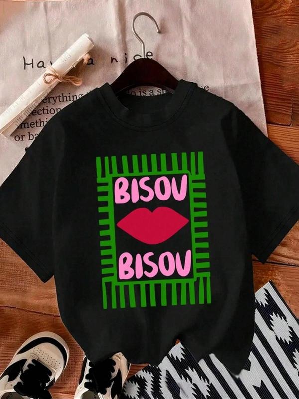 Women's Cartoon Lip Print Round Neck Tee, Fashion Casual Crew Neck T-Shirt for Daily Holiday Vacation Outdoor Wear,...