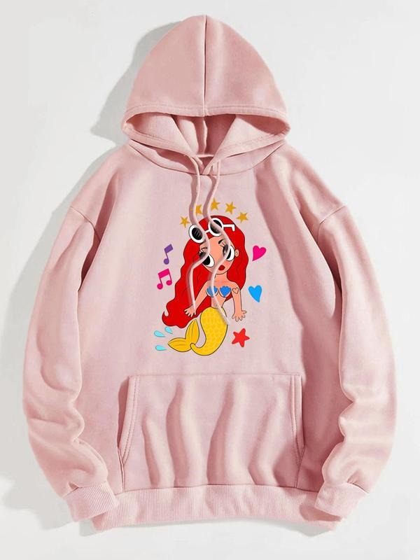 Women's Cartoon Mermaid Print Drawstring Hoodie with Kangaroo Pocket Design, Loose Drop Shoulder Long Sleeve Hooded...