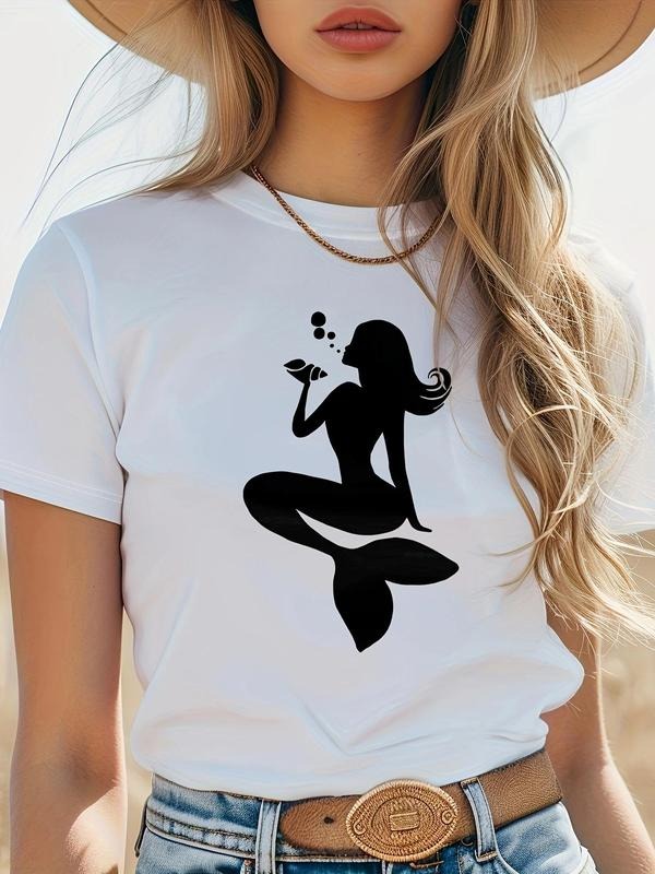 Women's Cartoon Mermaid Print Round Neck Tee, Casual Short Sleeve T-shirt for Daily Wear, Ladies All Seasons Outfit...