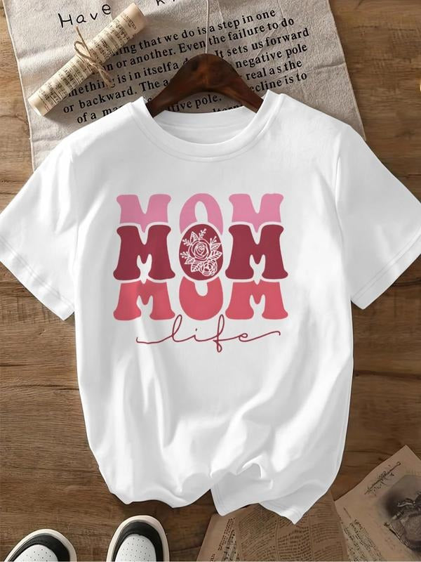 Women's Cartoon Mom Life Print Round Neck Tee, Fashion Casual Crew Neck T-Shirt for Daily Holiday Vacation Outdoor Wear,...