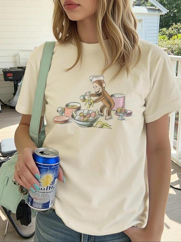 Women's Cartoon Monkey Print Round Neck Tee, Casual Short Sleeve Crew Neck T-Shirt for Summer, Fashion Women's Top for...