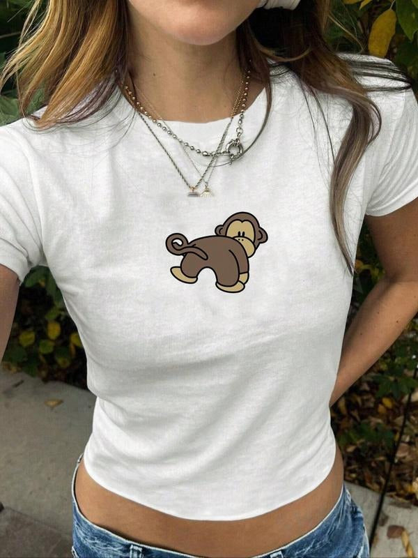 Women's Cartoon Monkey Print Round Neck Tee, Casual Short Sleeve T-shirt for Summer, Fashion Women's Top for Daily Wear...