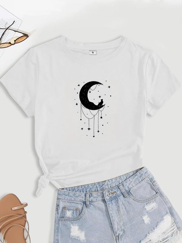 Women's Cartoon Monn Print Round Neck Tee, Summer Clothes Women, Casual Short Sleeve Crew Neck T-shirt for Summer,...