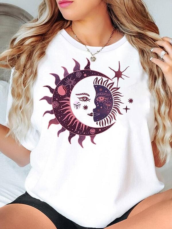 Women's Cartoon Moon & Sun Print Round Neck Tee, Casual Fashion Short Sleeve   T-shirt for Fall & Winter, Women's Top for...