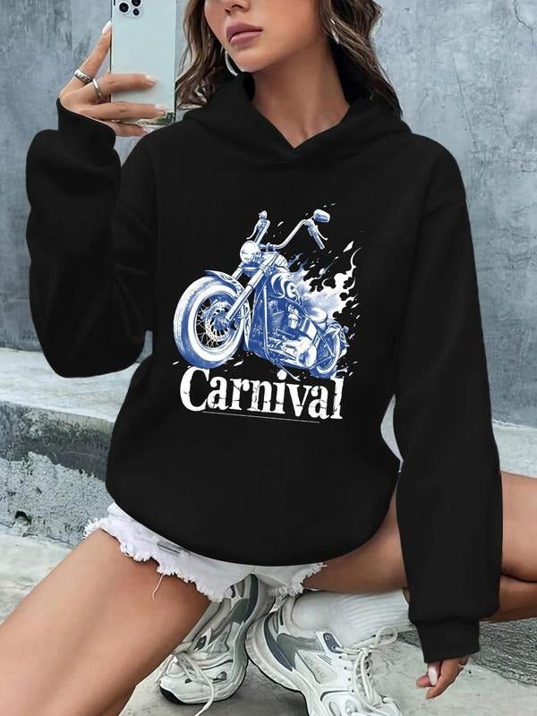 Women's Cartoon Motorcycle Graphic Print Hoodie, Casual Drop Shoulder Long Sleeve Hooded Sweatshirt, Lady Fall & Winter...