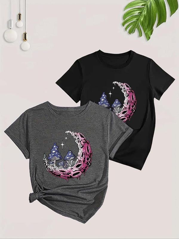 Women's Cartoon Mushroom Print Round Neck Tee, Casual Moon Print Short Sleeve T-Shirt for Summer, Fashion Women's Top for...