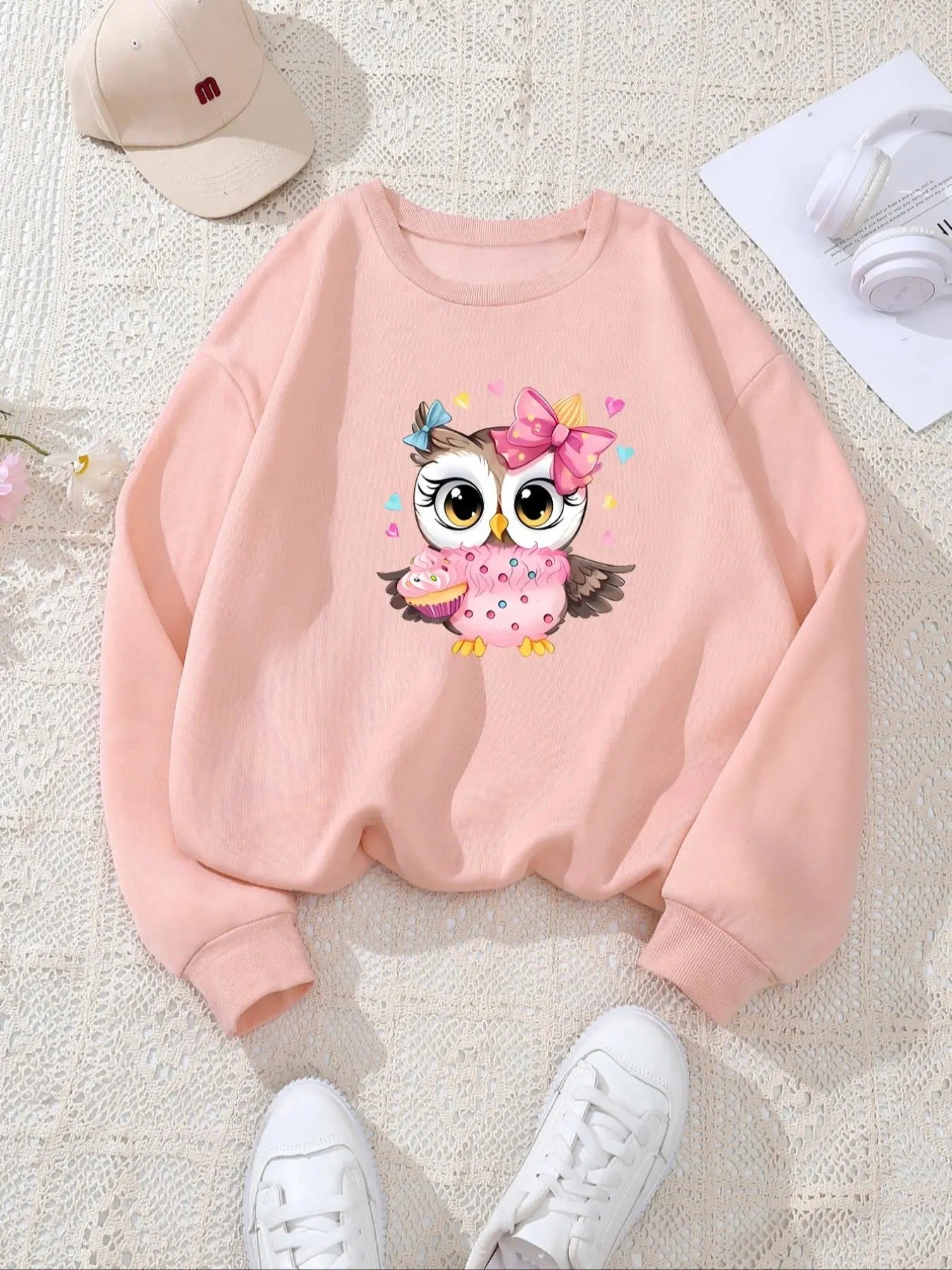 Women's Cartoon Owl Print Crew Neck Sweatshirt, Casual Long Sleeve Pullover for Fall & Winter, Women's Clothes for Daily...