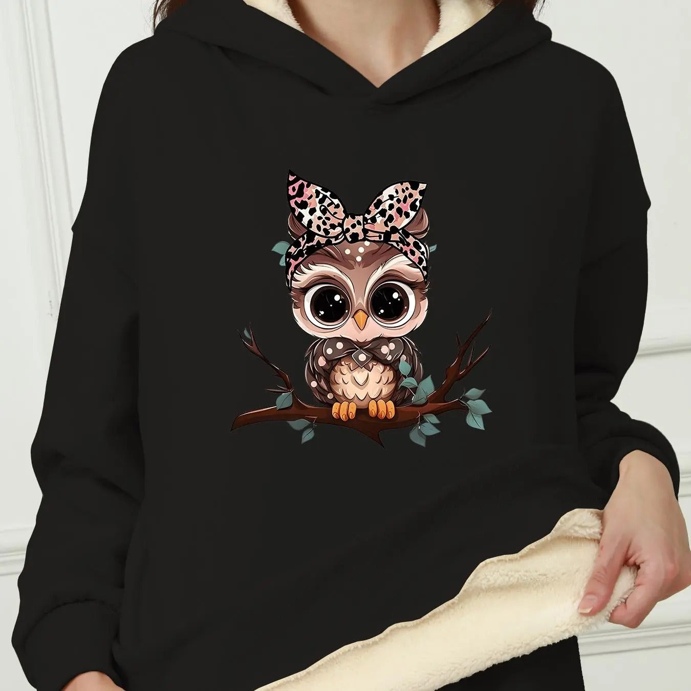 Women's Cartoon Owl Print Drop Shoulder Hoodie, Fashion Casual Long Sleeve Hooded Sweatshirt for Daily Holiday Outdoor...